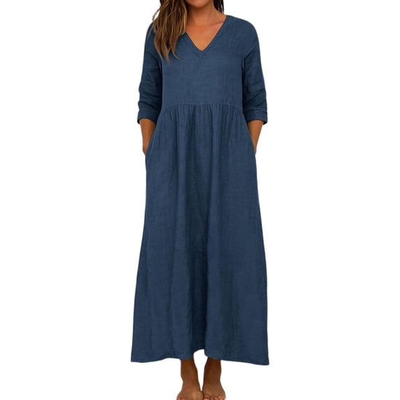 Summer Dresses for Women Cotton Linen 2026 V Neck Elegant 3/4 Sleeves Maxi Sundress Fashion Casual Beach Vacation Flowy A Line Sundresses