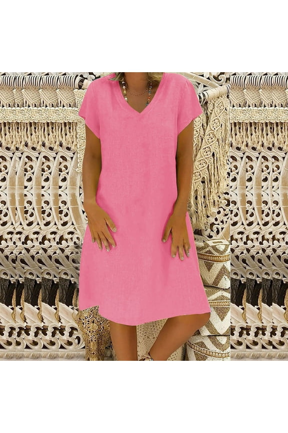Summer Dresses for Women Cotton Linen Dress Loose V Neck Solid Short Sleeve Casual Beach Party A Line Sundress