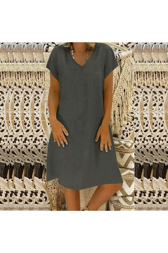 Summer Dresses for Women Cotton Linen Dress Loose V Neck Solid Short Sleeve Casual Beach Party A Line Sundress