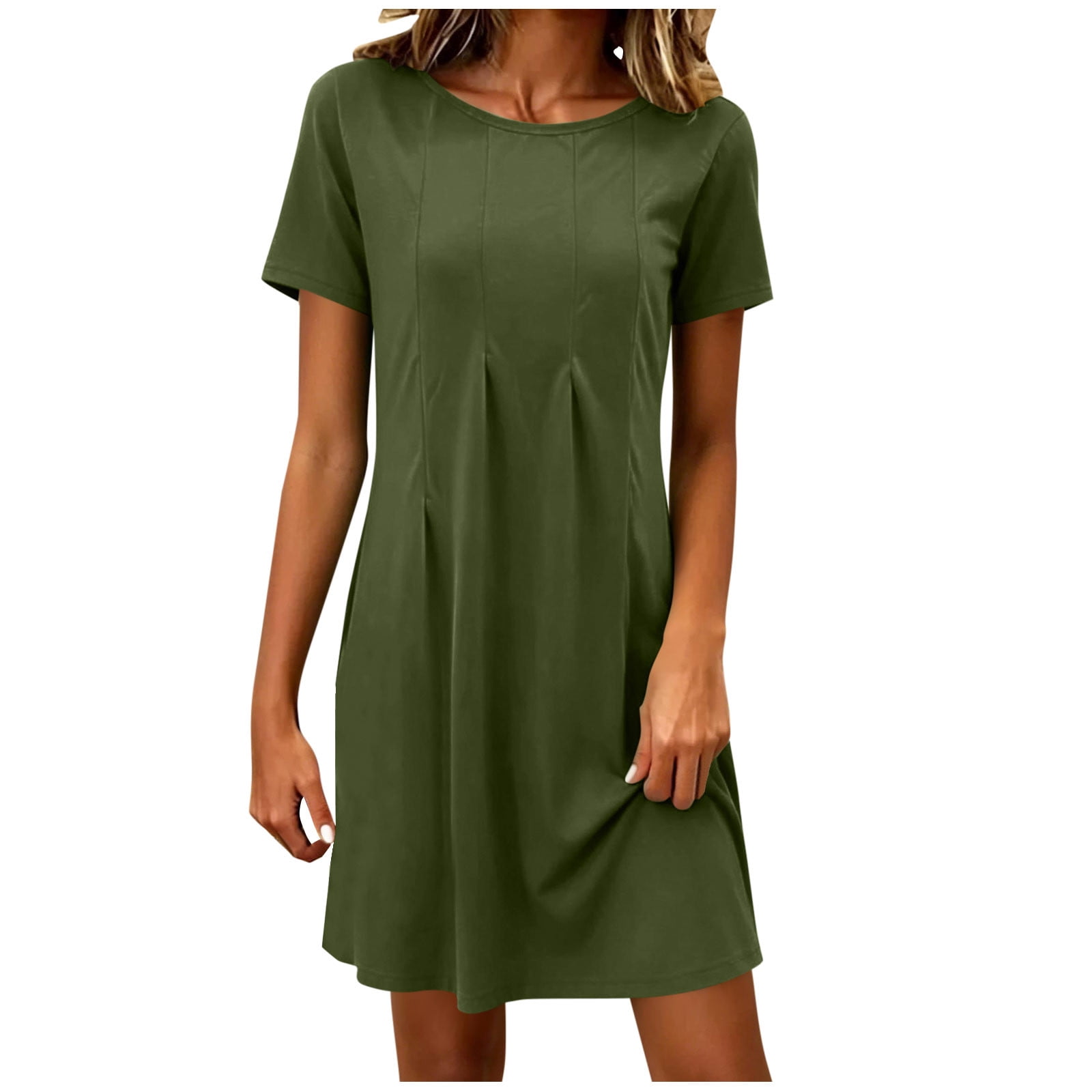 womens green shift dress MOJOGO Fashion Summer Dresses for Women Crew Neck Pleated Front Solid Casual Summer Mini T-Shirt Dress Olive S, Women's, Size: Small swatches-glendon-mini-dress