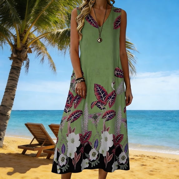 Summer Dresses for Women Crewneck Sleeveless Floral Printed Midi T Shirt Dress Casual Beach Holiday Boho Sundress S-2XL