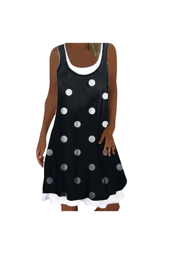 Summer Dresses for Women Crewneck Sleeveless Polka Dot Printed Short Dress Ladies Casual Beach Sun Dresses