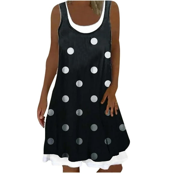 Summer Dresses for Women Crewneck Sleeveless Polka Dot Printed Short Dress Ladies Casual Beach Sun Dresses