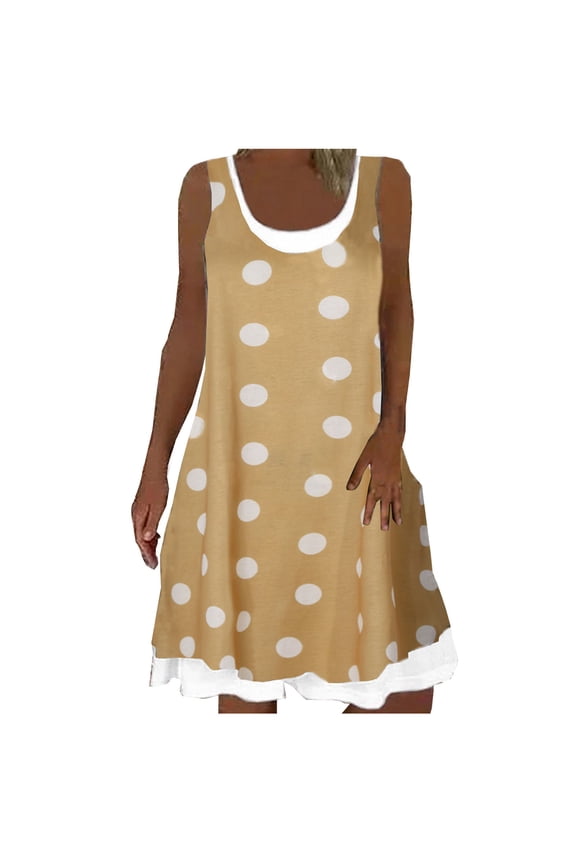 Summer Dresses for Women Crewneck Sleeveless Polka Dot Printed Short Dress Ladies Casual Beach Sun Dresses