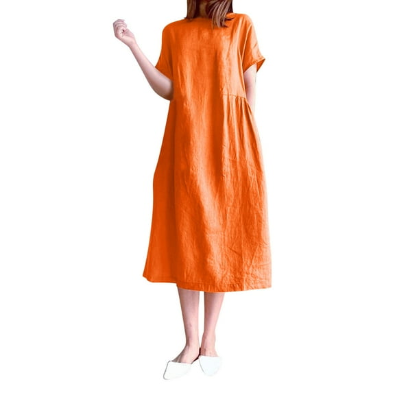 Summer Dresses for Women, Dresses for Women,Women's Casual Short Sleeve Elastic Waist Dress Round Neck Solid Loose Flowy Comfortable Summer Outfit
