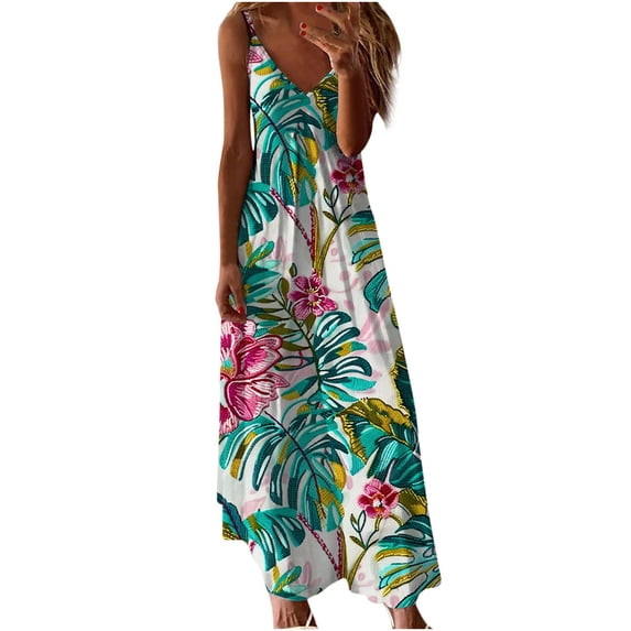 Summer Dresses for Women Dressy Sleeveless Boho Floral Printed Long Maxi Dress Beach Hawaiian Tropical Vacation Sundress