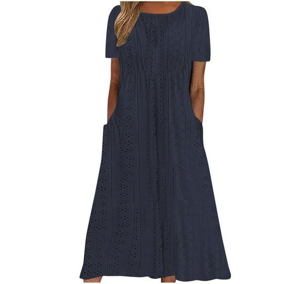Summer Dresses for Women Eyelet Casual Loose Sleeveless Sundresses Short Sleeve Pleated Dresses with Pockets