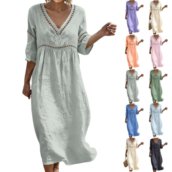 Summer Dresses for Women Fashion Casual V-Nek 3/4 Sleeve Solid Mid-Calf Dress A-Line Casual Loose T-Shirt Beach Sundress