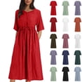 thumbnail image 1 of Summer Dresses for Women Five Quarter Womens Dresses V-Neck Dress Solid Plus Size Dresses Pocket Button Casual Dresses for Women, Red-M, 1 of 9
