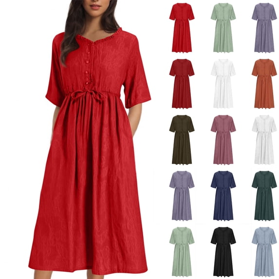 Summer Dresses for Women Five Quarter Womens Dresses V-Neck Dress Solid Plus Size Dresses Pocket Button Casual Dresses for Women, Red-M