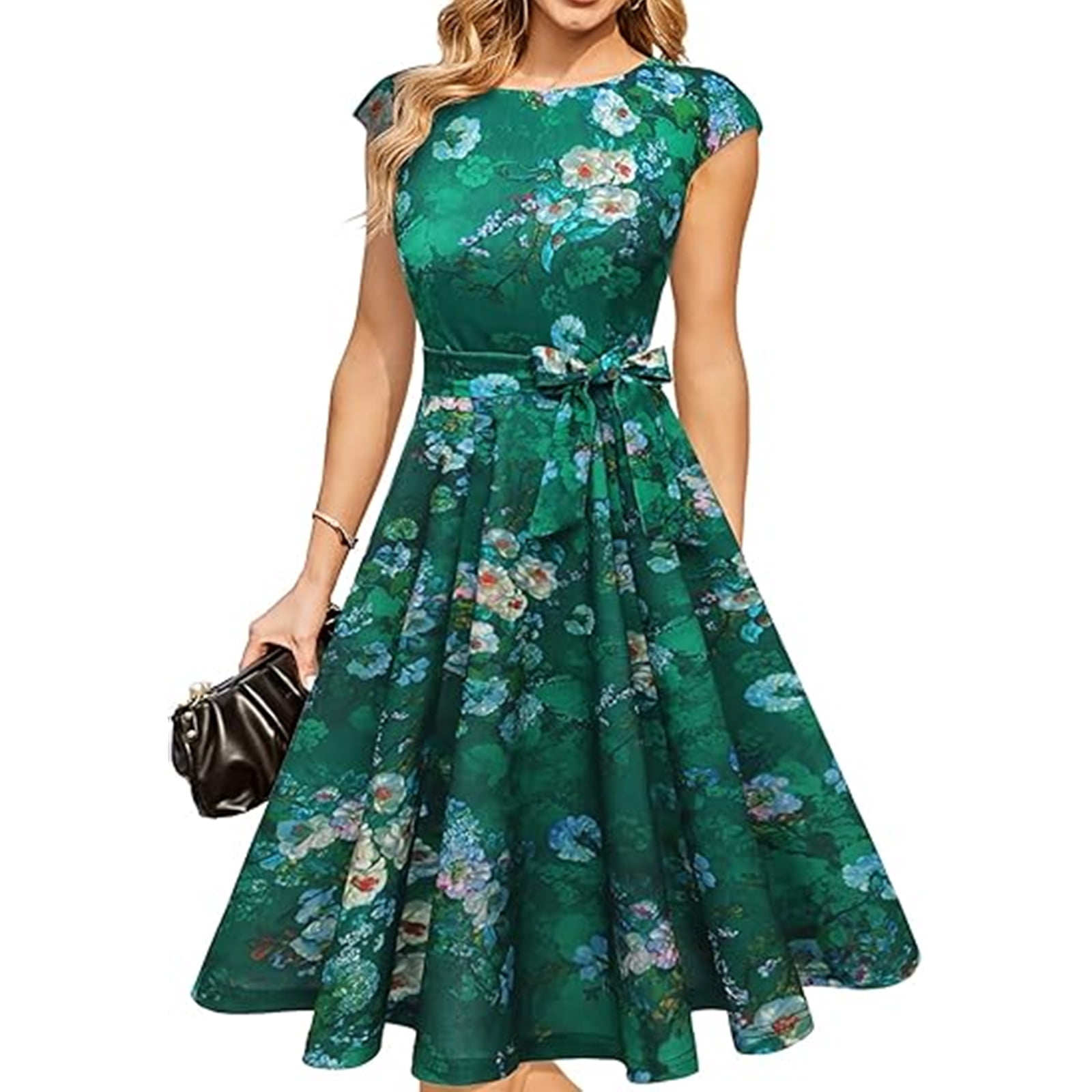 Work Sundresses Summer Dresses for Women Floral Print Cap Sleeve Belted A-Line Swing ...