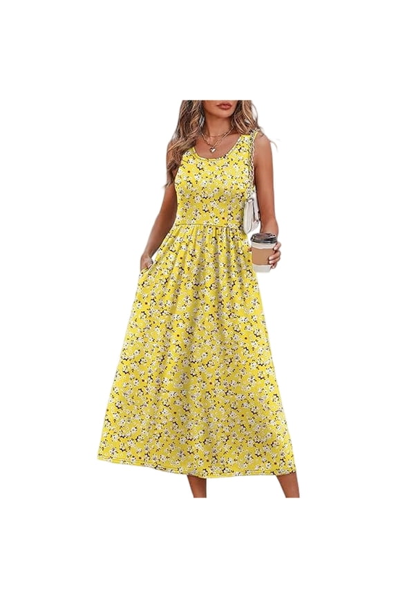 Summer Dresses for Women Flowy Casual Midi Dress Beach Vacation Sundresses with Pockets