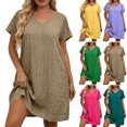 thumbnail image 1 of Summer Dresses for Women Flowy Fashion Plus Size Solid Short Sleeved V-Neck Dress Fashion Beach Vacation Clothes, 1 of 5