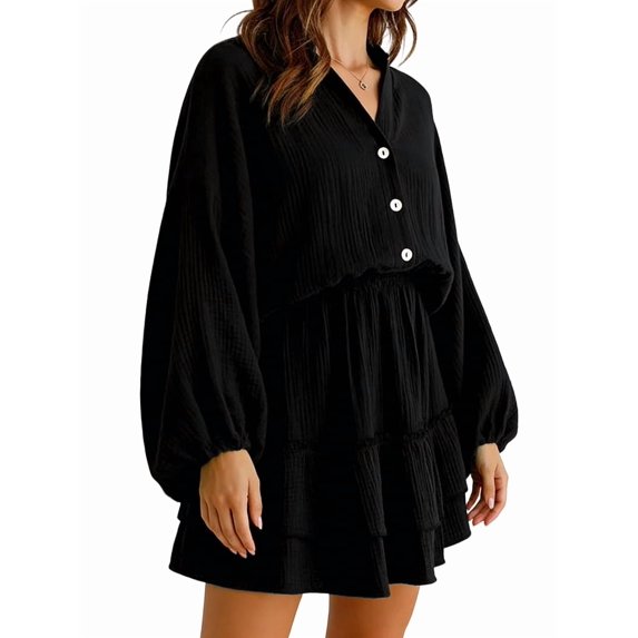 Summer Dresses for Women Flowy Ruffle Long Sleeve V Neck Tiered Casual Beach Mini Dress Black XL