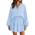 thumbnail image 1 of Summer Dresses for Women Flowy Ruffle Long Sleeve V Neck Tiered Casual Beach Mini Dress Blue M, 1 of 5
