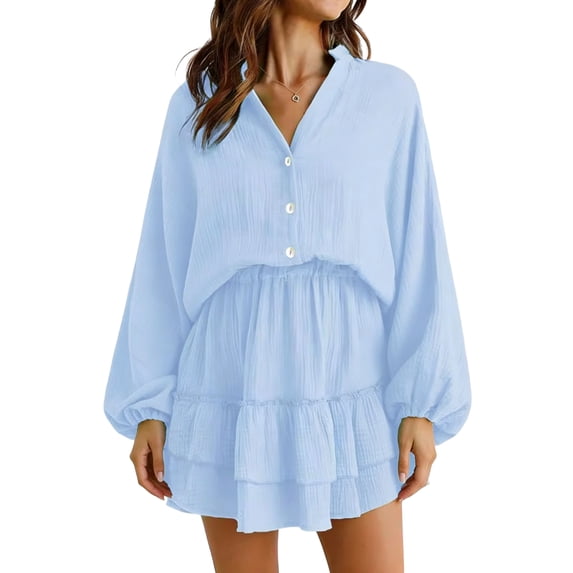 Summer Dresses for Women Flowy Ruffle Long Sleeve V Neck Tiered Casual Beach Mini Dress Blue M