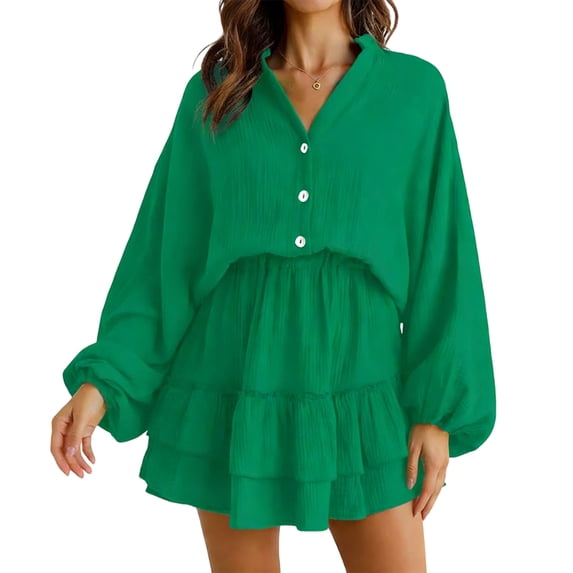 Summer Dresses for Women Flowy Ruffle Long Sleeve V Neck Tiered Casual Beach Mini Dress Green S