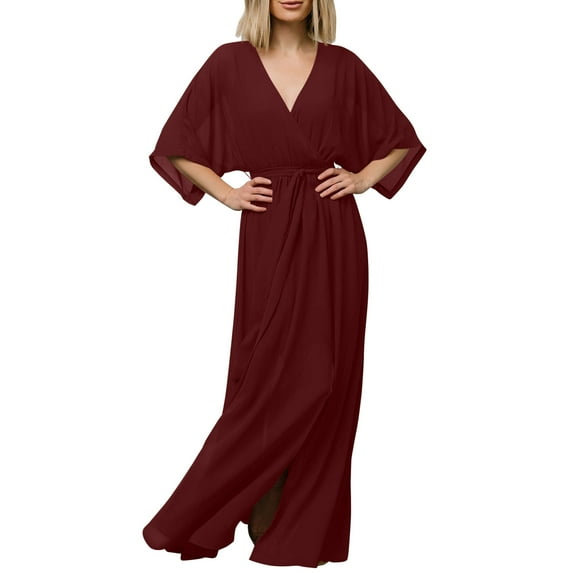 Summer Dresses for Women Half Sleeve Boho Solid V-Neck Split Dress With Belt Ladies Casual Beach Sun Dresses