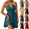 thumbnail image 1 of Summer Dresses for Women Halter V‑Neck Ruched Bust Tiered Ruffle Swing Short Dress for Beach Vacation, 1 of 10