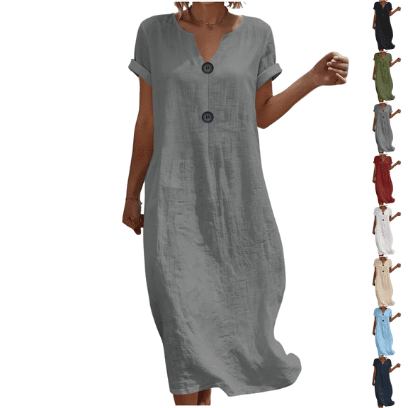 Summer Dresses for Women Hzzrkos Fashion Women Casual Solid Short Sleeve Round-neck Button Button Linen Casual Dress Gray XXL