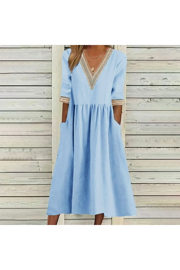 Summer Dresses for Women Large Loose Cotton Linen Lace Collar Five Quarter Sleeve Medium Length Dress