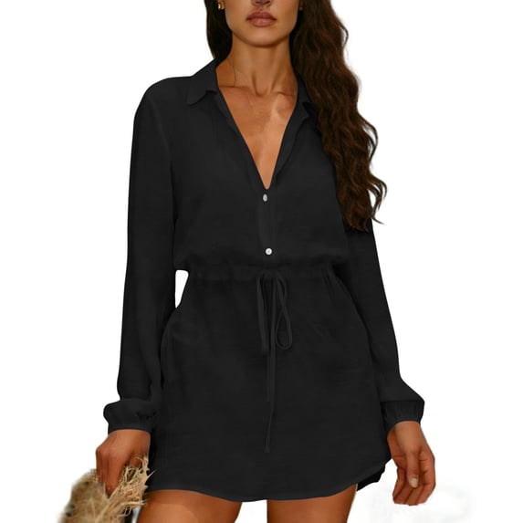 Summer Dresses for Women Lightweight Beach Vacation Dress Long Sleeve Button Down Drawstring Dress