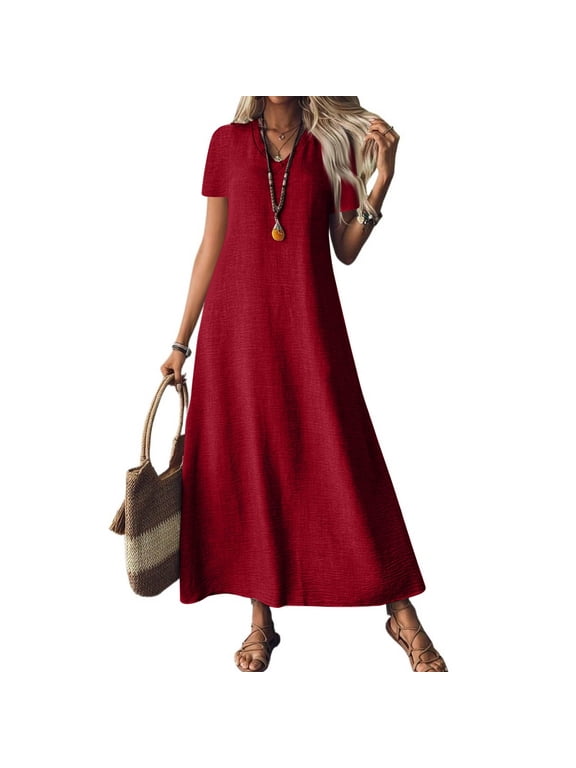 Summer Dresses for Women, Lightweight Cotton Linen Blend Long Dress, Loose A-Line Casual Maxi Dress Wine M