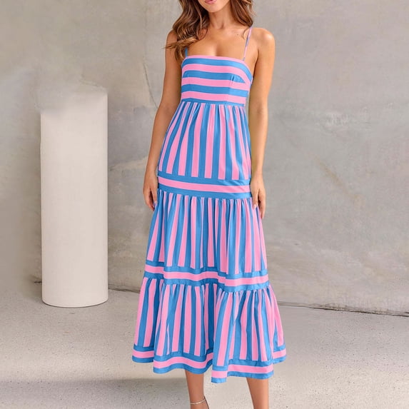 Summer Dresses for Women, Loose Fit Striped Sundress with Adjustable Buckle Straps, Casual Square Neck Spaghetti Strap Dress