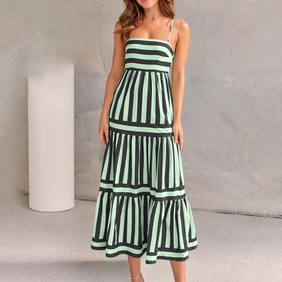 Summer Dresses for Women, Loose Fit Striped Sundress with Adjustable Buckle Straps, Casual Square Neck Spaghetti Strap Dress