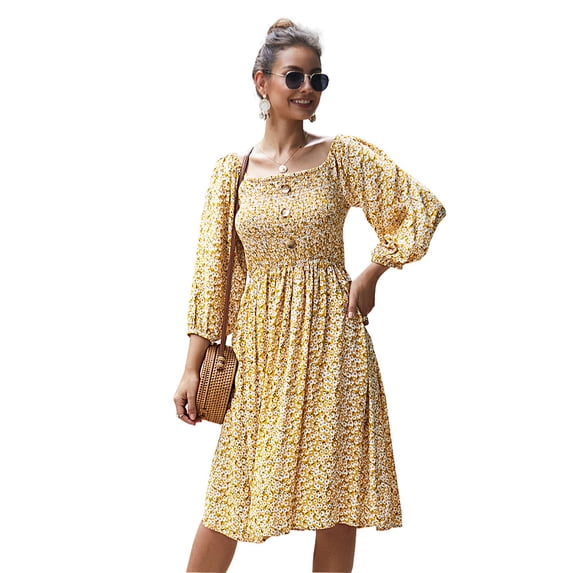 Summer Dresses for Women Maxi Dress Dropped Shoulder Floral Long Sleeve Dress