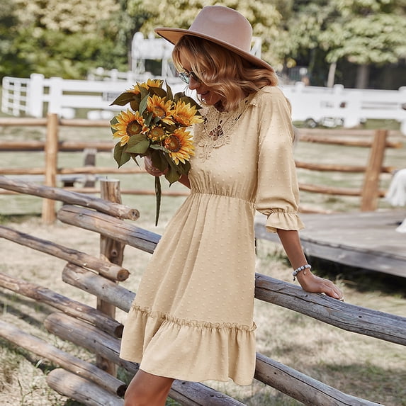 Summer Dresses for Women Maxi Dress Lace Round Neck Mid Sleeves Waist Thin Dress Casual Style