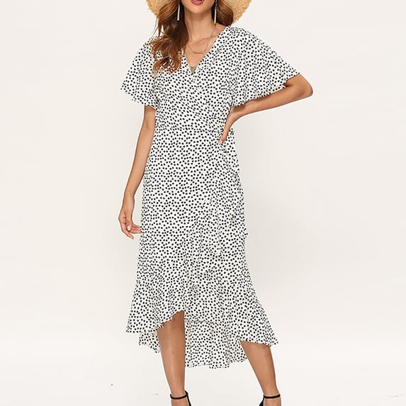 Summer Dresses for Women Maxi Dress Printed High Waist Lace-Up V-Neck Sexy Chiffon Irregular Dress