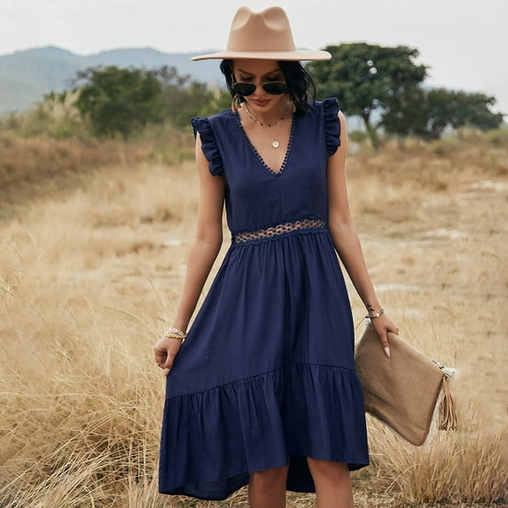 Summer Dresses for Women Maxi Dress V-Neck Fashion Solid Color Hollow Stitching Dress