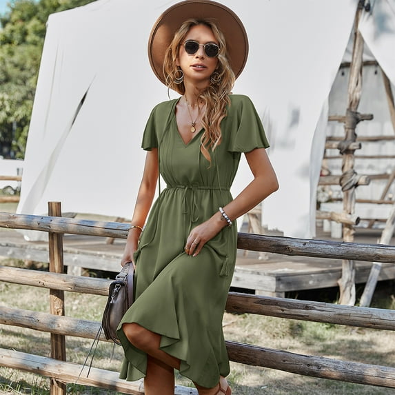 Summer Dresses for Women Maxi Dress V-Neck Solid Color Waist Dress Round Neck Casual Holiday Style Large Swing Skirt
