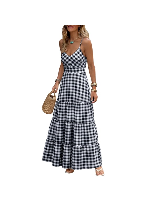 Summer Dresses for Women Maxi Spaghetti Strap Back Smocked A Line V Neck Casual Long Dress Beach Vacation Clothes Black S