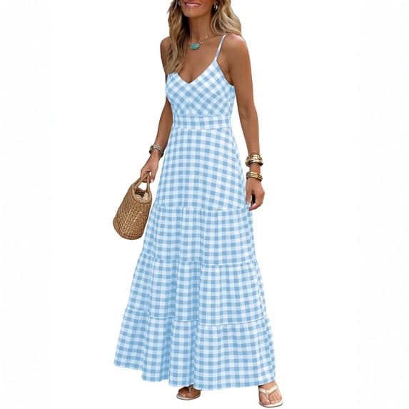 Summer Dresses for Women Maxi Spaghetti Strap Back Smocked A Line V Neck Casual Long Dress Beach Vacation Clothes Blue 2XL