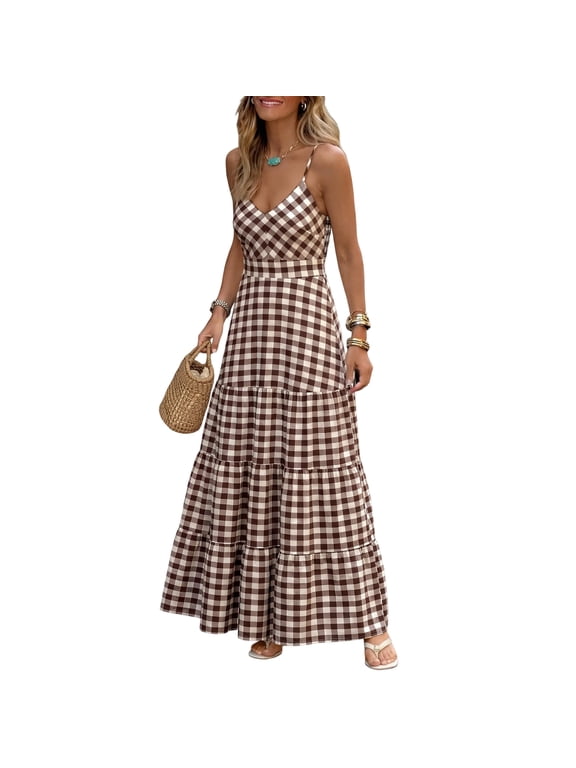 Summer Dresses for Women Maxi Spaghetti Strap Back Smocked A Line V Neck Casual Long Dress Beach Vacation Clothes Light Brown S