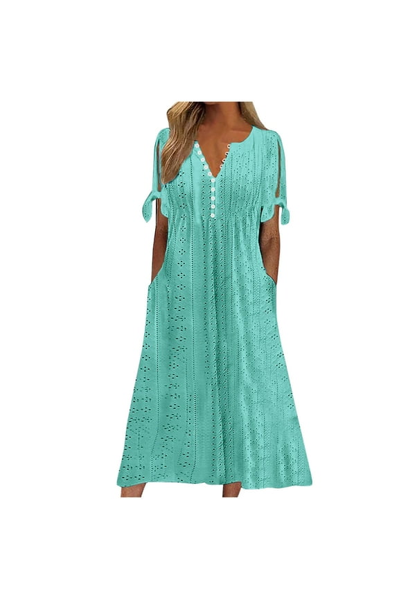 Summer Dresses for Women Midi Length, Womens Summer Floral Print Long Dress with Pockets Button Short Sleeve Dresses