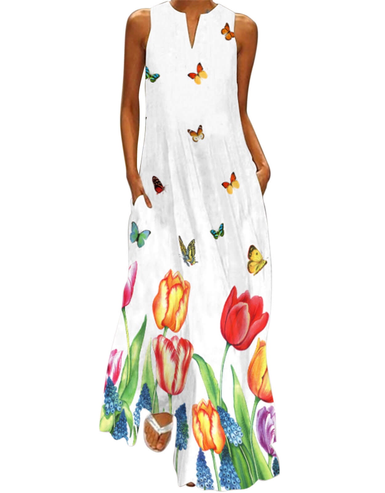 Summer Dresses for Women Wedding Guest Dresses Sleeveless Plus Size Maxi Dresses Floral and Butterfly Print Kaftan Boho Dress Shermie