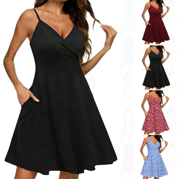 Summer Dresses for Women Ndbuld Women Summer Elegant Camisole V Neck High Waist Casual Elastic Waist Dress Black L