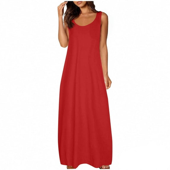 Summer Dresses for Women New Women'S Large Pocket Solid Color Dress Round Neck Sleeveless Dress Red S-Xxl