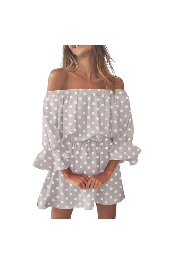 Summer Dresses for Women Off Shoulder Floral Printed Bell Sleeve A-Line Dress Ladies Casual Beach Sun Dresses