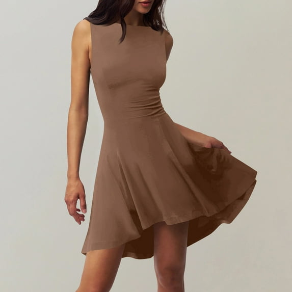 Summer Dresses for Women Oversized Solid Color Crew Neck Mid-Length Dress Leisure Slim Fit Sleeveless Sundresses