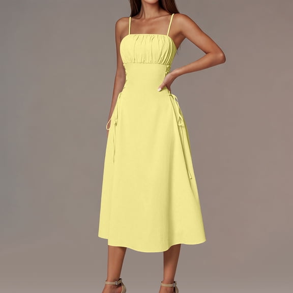 Summer Dresses for Women Oversized Solid Color Square Neckline Mid-Length Dress Quick Dry Slim Fit Sleeveless Holiday Party Dresses