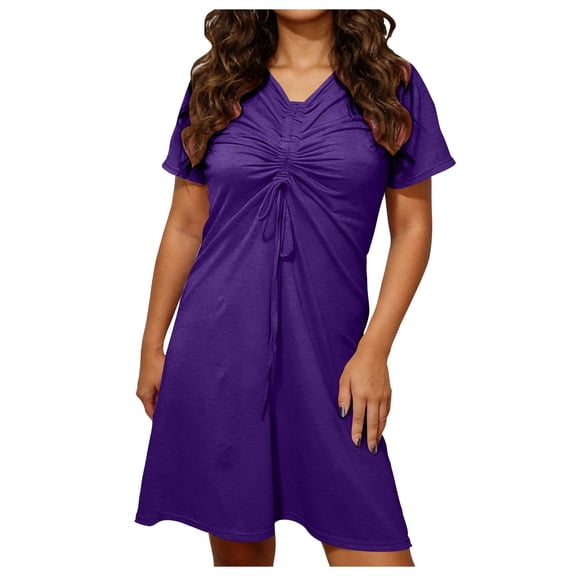 Summer Dresses for Women Oversized Solid Color V-Neck Mid-Length Dress Quick Dry Slim Fit Short Sleeve Sundresses