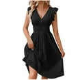 thumbnail image 1 of Summer Dresses for Women Party Outfit V Neck Ruffle Fly Sleeve Casual Eyelet Button Up Smocked Knee Length Dress (L, Black), 1 of 7