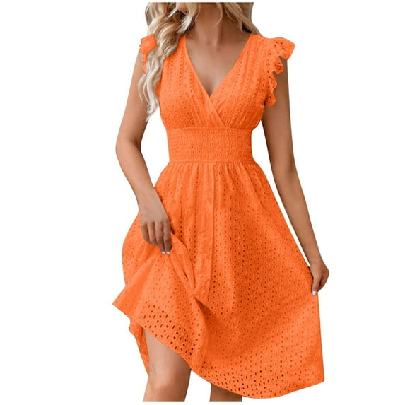 Summer Dresses for Women Party Outfit V Neck Ruffle Fly Sleeve Casual Eyelet Button Up Smocked Knee Length Dress (L, Orange)