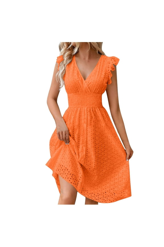 Summer Dresses for Women Party Outfit V Neck Ruffle Fly Sleeve Casual Eyelet Button Up Smocked Knee Length Dress (L, Orange)