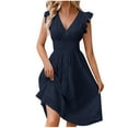 thumbnail image 1 of Summer Dresses for Women Party Outfit V Neck Ruffle Fly Sleeve Casual Eyelet Button Up Smocked Knee Length Dress (M, Navy), 1 of 7