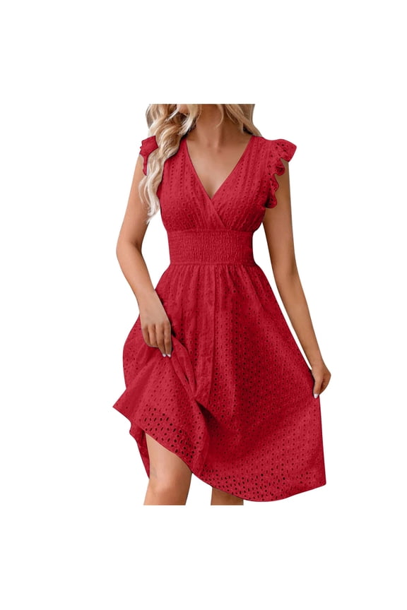Summer Dresses for Women Party Outfit V Neck Ruffle Fly Sleeve Casual Eyelet Button Up Smocked Knee Length Dress (M, Red)